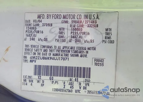 2004 Mercury Mountaineer from USA, damaged, VIN 4M2ZU86K94UJ17071